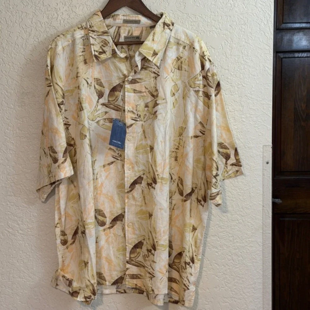 Natural Blue Button Up Shirt Mens 3X Melon BT Linen‎ Blend Tropical Floral NEW